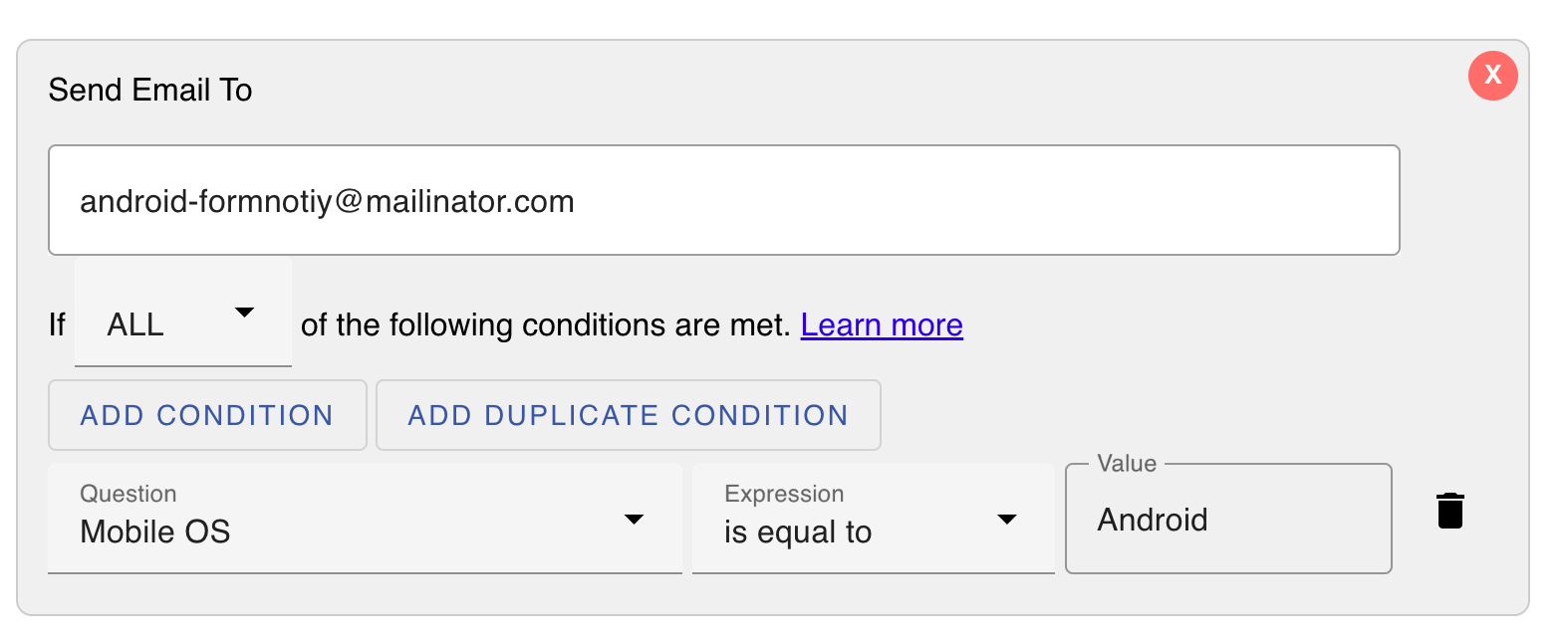 Android Recipient Condition Configuration